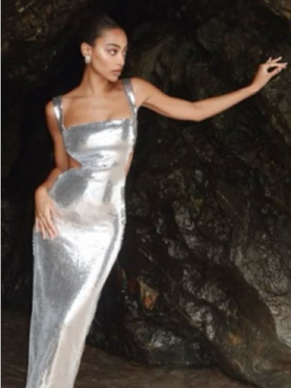 Meshki Adoria - Silver Sequin Cutout Maxi Dress